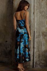 Well Versed Pleated Bust Front Split Dress Flower Blue
